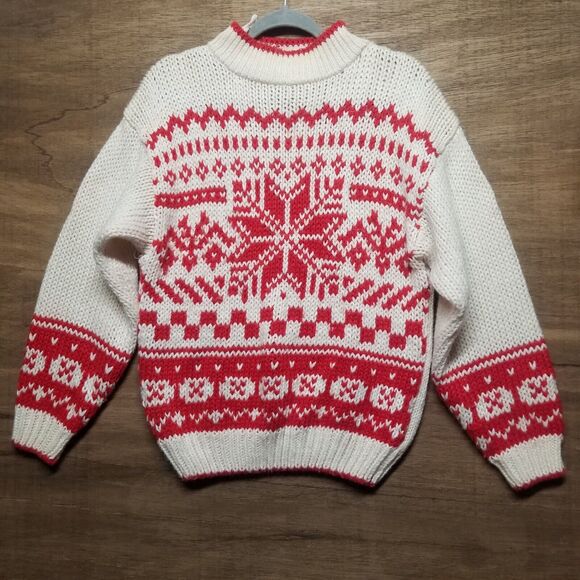 Vntg Gitano Wmns Sz S Oversized Sweater Ivory White Red Snowflake Fair Isle Flaw - Picture 1 of 14